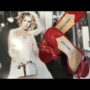 Manolo Blahnik red snakeskin kitten heel mules